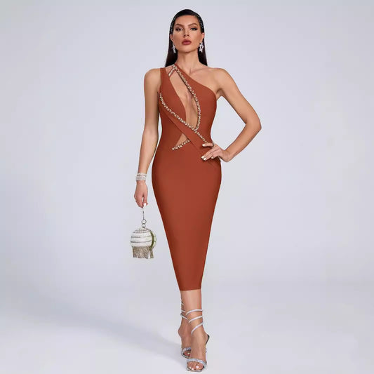 Crystal Mesh Asymmetric Bandage Dress