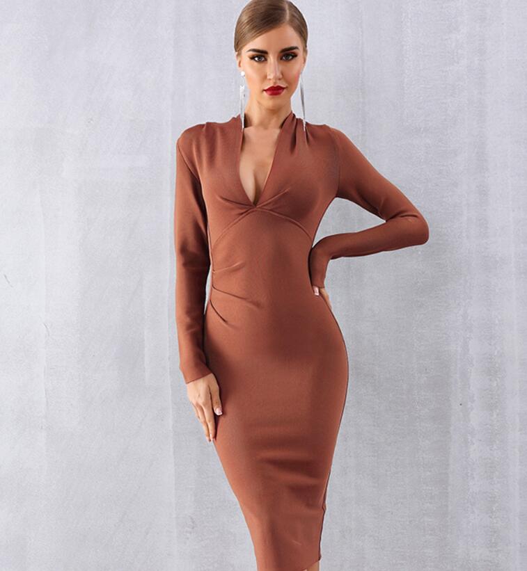 Deep V Long Sleeve Bandage Midi Dress