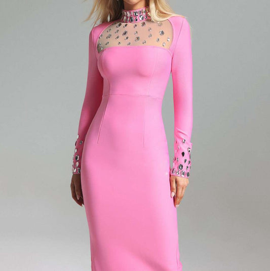Sheer Mesh Diamond Turtleneck Bandage Dress
