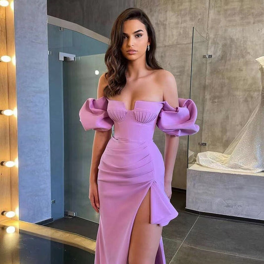 Off-Shoulder Ruffle Slit Bandage Dress