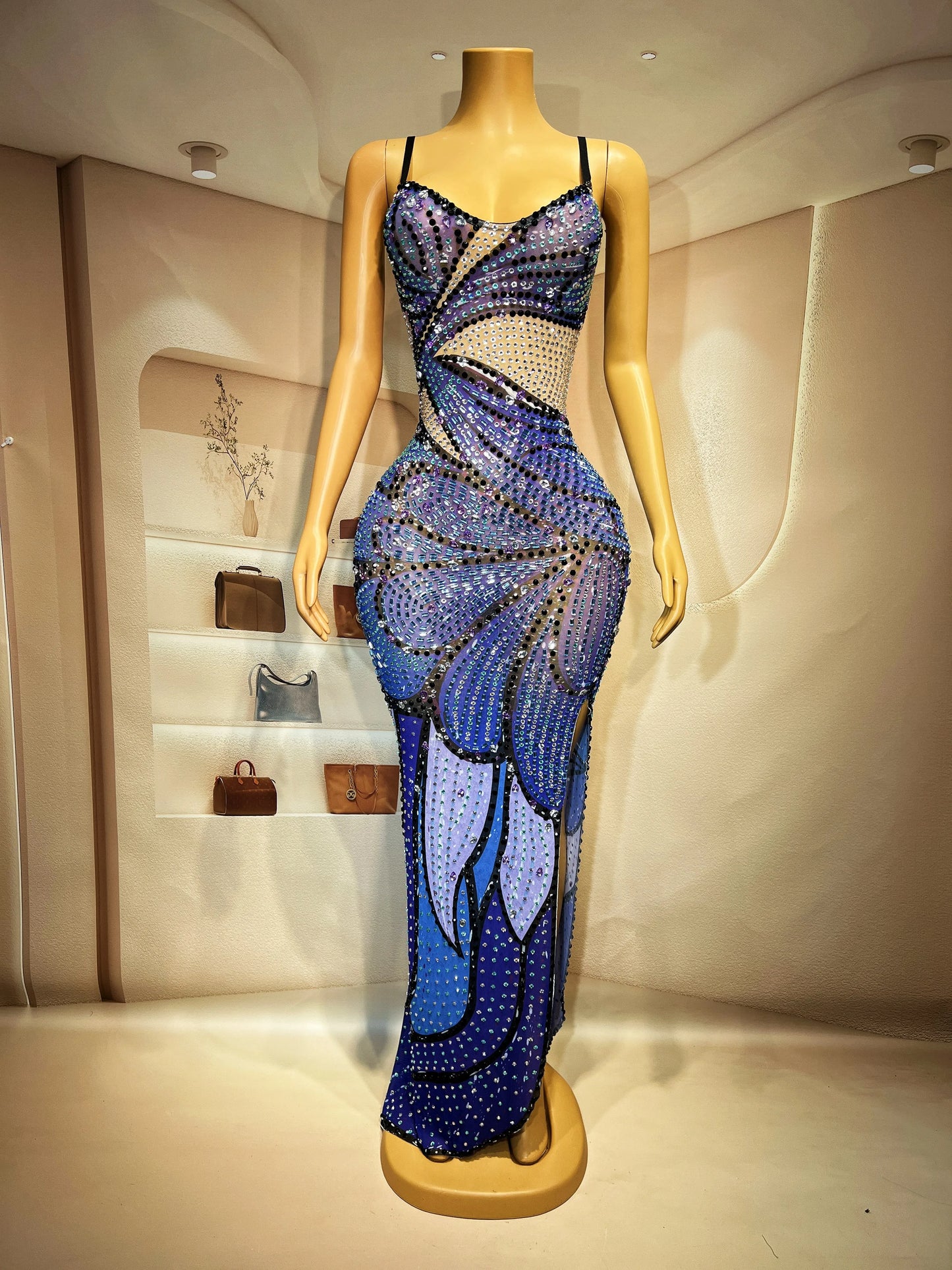 Diamond Veil Asymmetrical Slit Dress