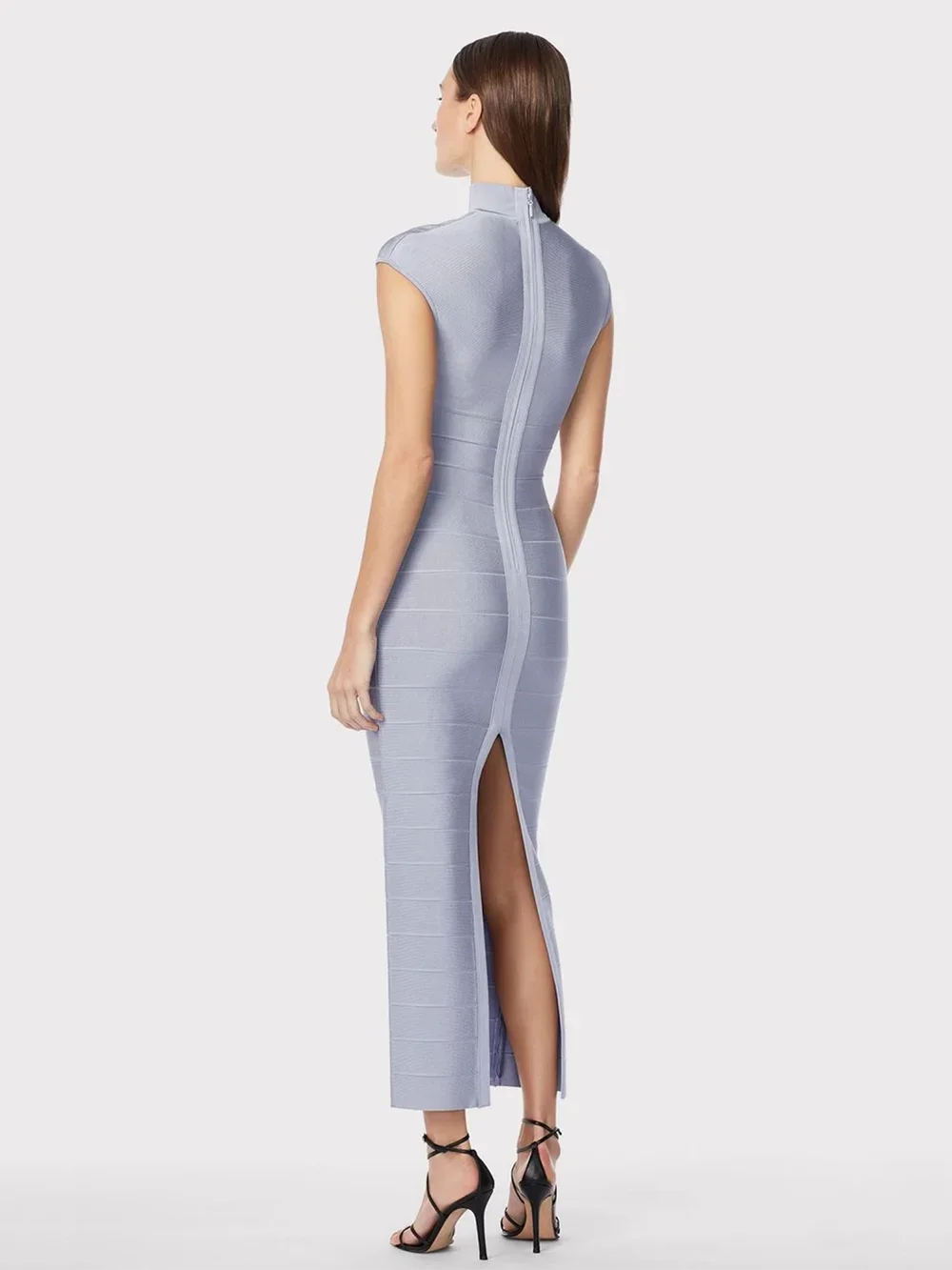 Grey Hollow Stand Collar Bandage Maxi Dress