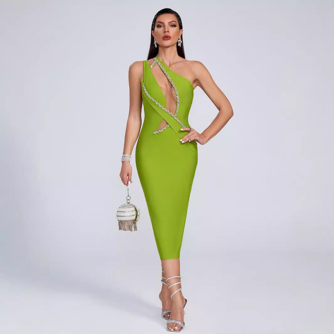 Crystal Mesh Asymmetric Bandage Dress