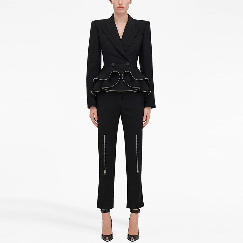 Ruffle-Edge Zip Blazer Suit Set