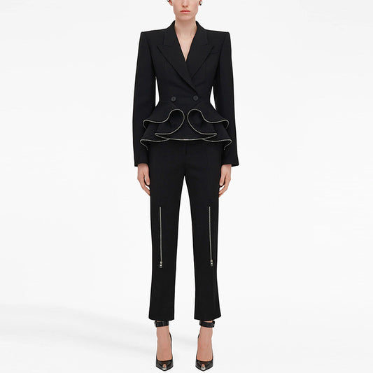 Ruffle-Edge Zip Blazer Suit Set
