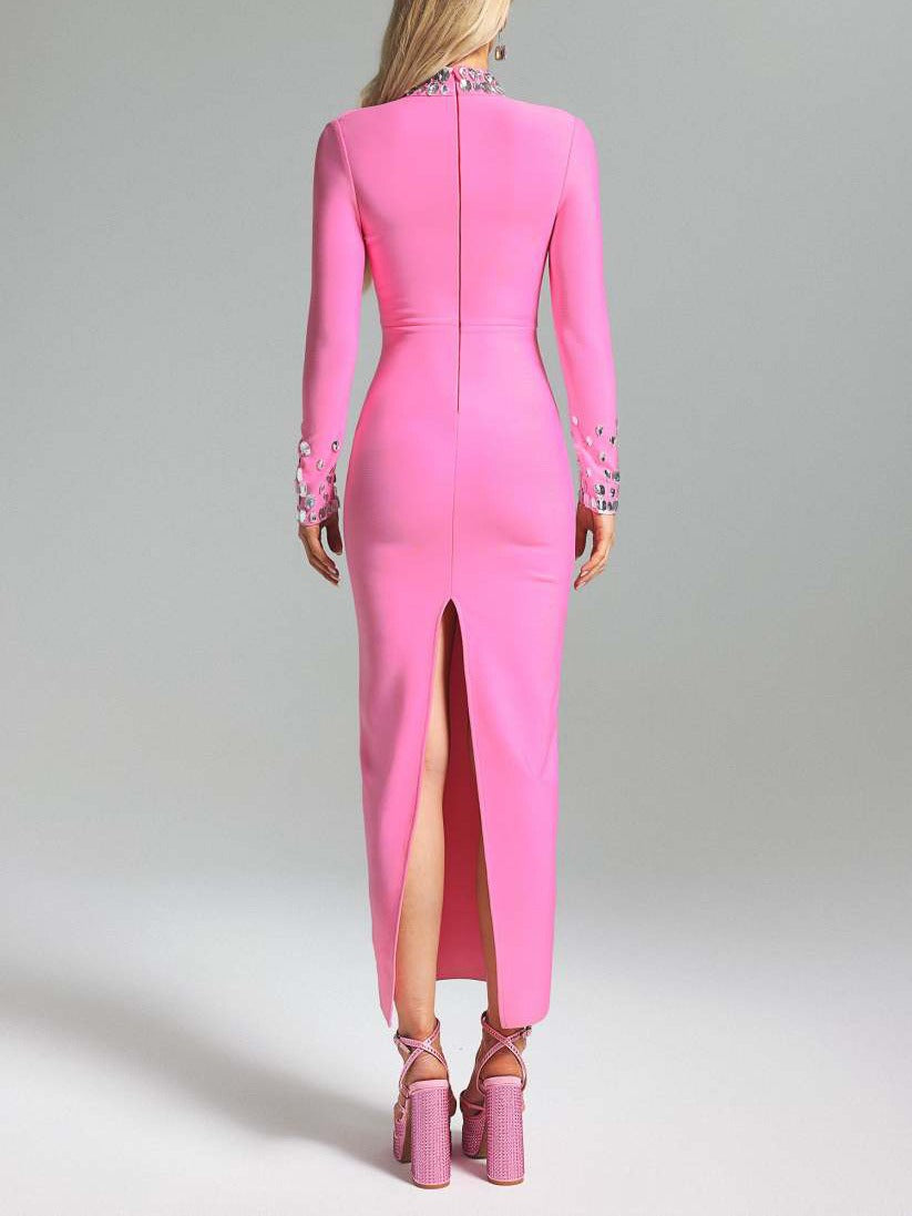 Sheer Mesh Diamond Turtleneck Bandage Dress
