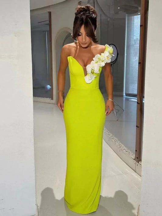 Emerald Bloom One-Shoulder Gown