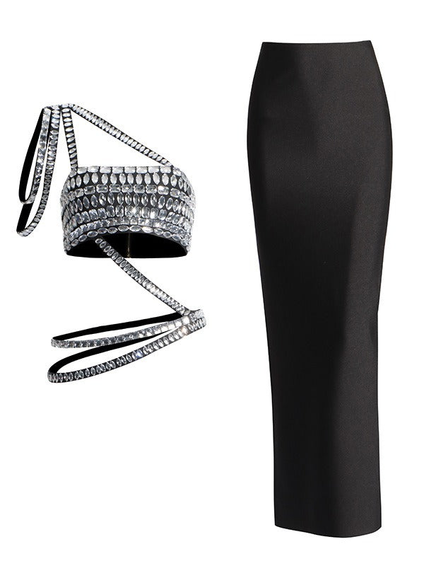 Diamond Noir Asymmetric Two-Piece Set