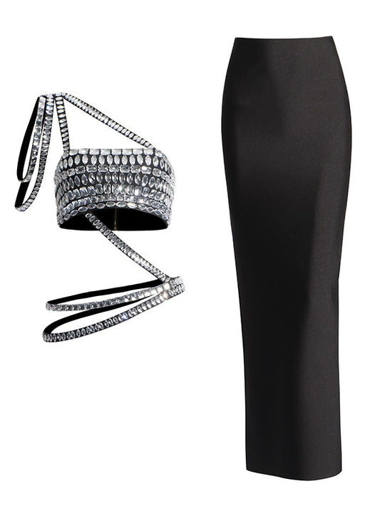 Diamond Noir Asymmetric Two-Piece Set
