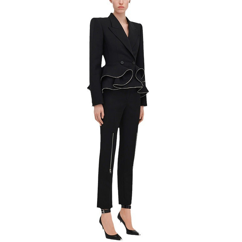 Ruffle-Edge Zip Blazer Suit Set