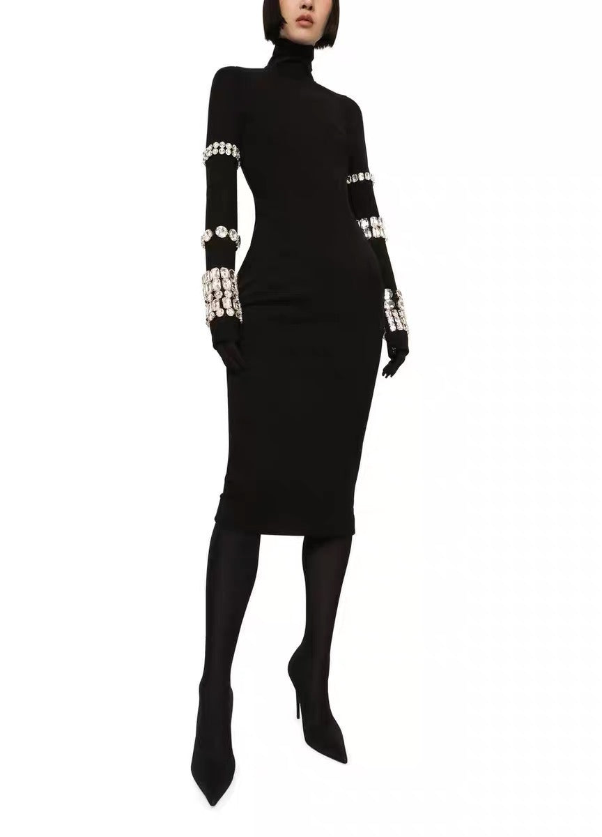 Diamond Black High Neck Knitted Bandage Dress