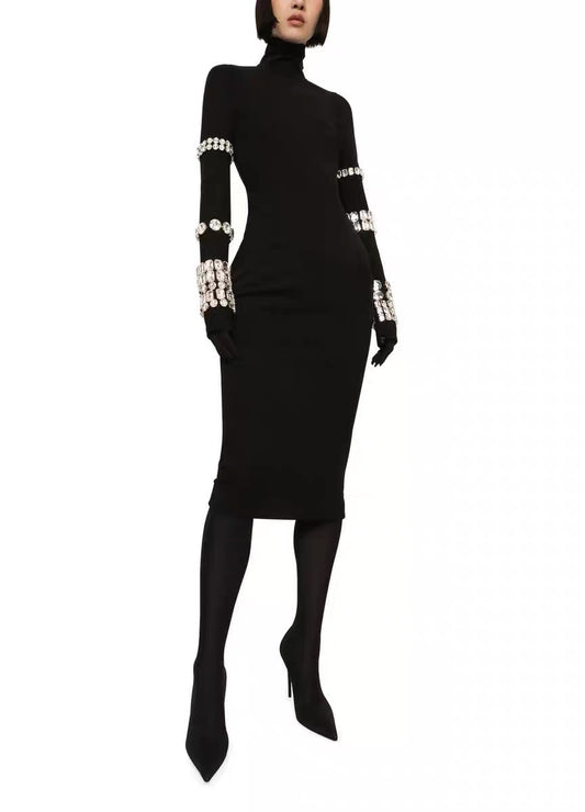 Diamond Black High Neck Knitted Bandage Dress