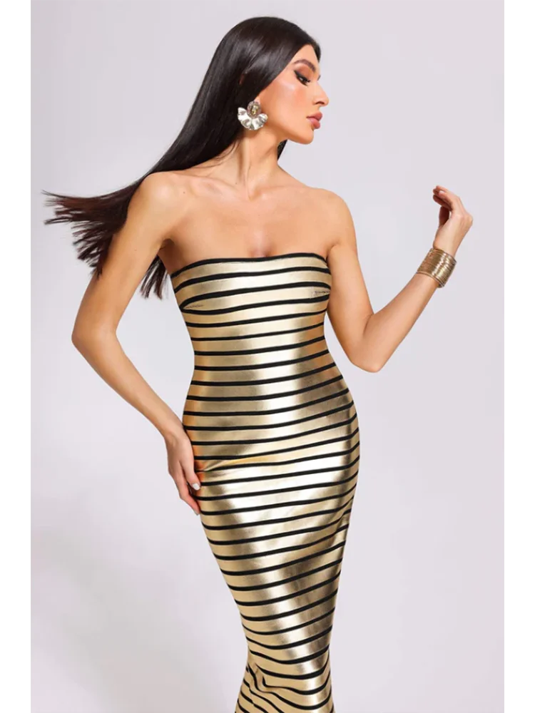 Gold Foil Striped Bandage Maxi Dress