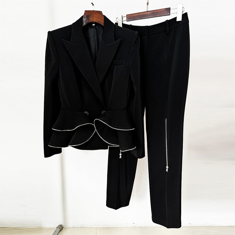 Ruffle-Edge Zip Blazer Suit Set