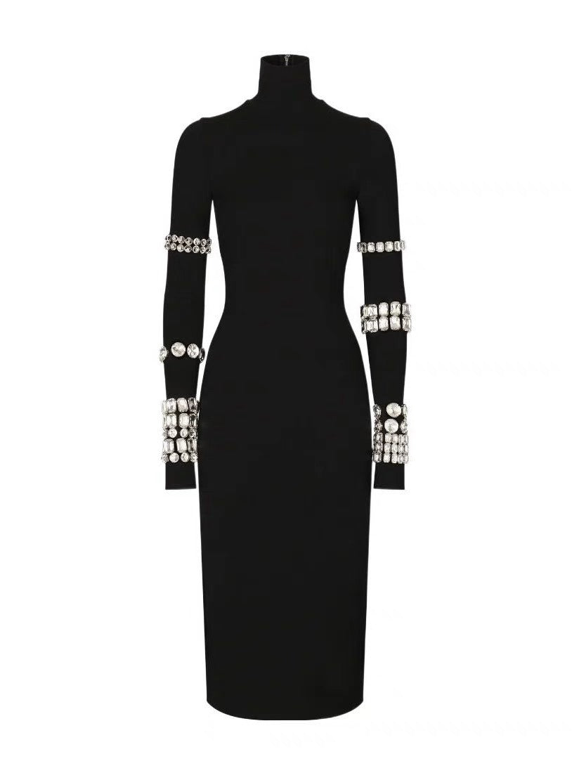 Diamond Black High Neck Knitted Bandage Dress