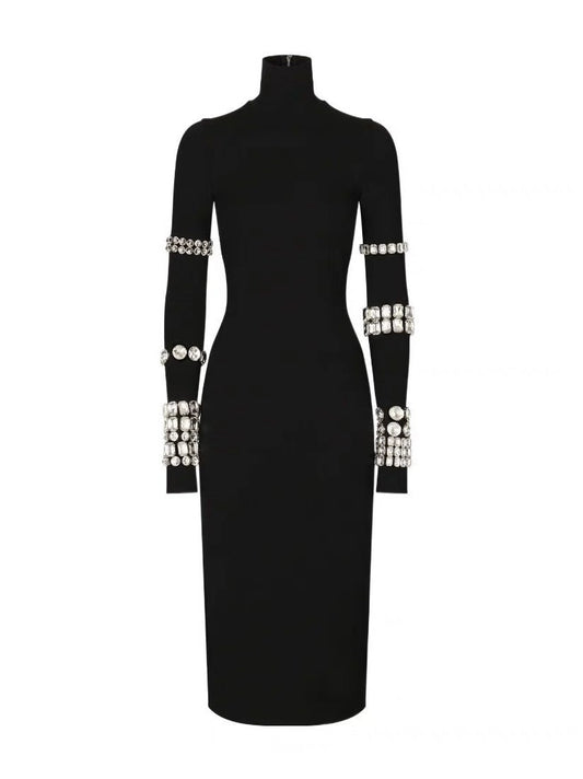 Diamond Black High Neck Knitted Bandage Dress