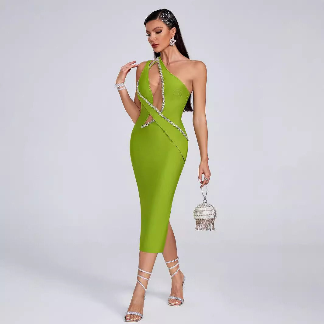 Crystal Mesh Asymmetric Bandage Dress