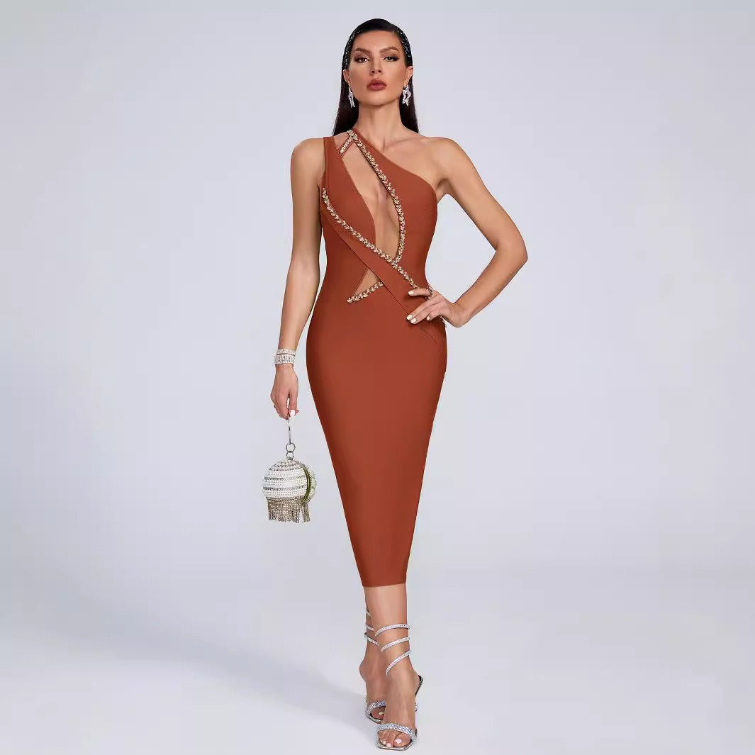 Crystal Mesh Asymmetric Bandage Dress