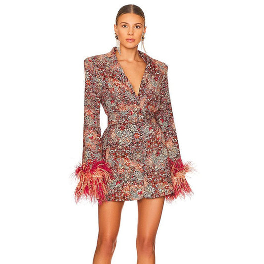 Feathered Bloom Blazer Wrap Dress