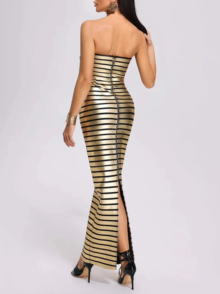 Gold Foil Striped Bandage Maxi Dress