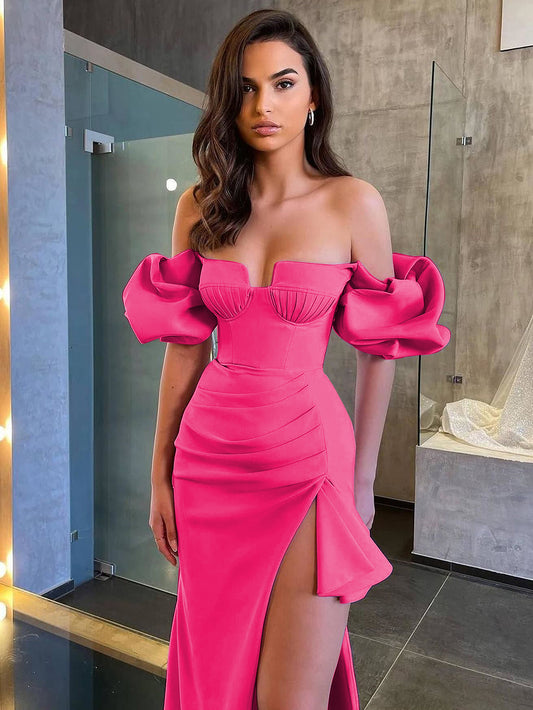 Off-Shoulder Ruffle Slit Bandage Dress
