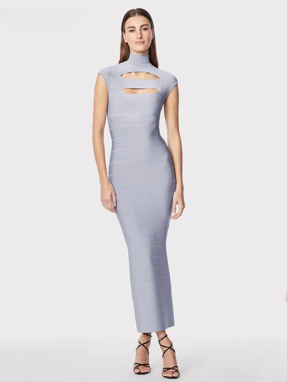 Grey Hollow Stand Collar Bandage Maxi Dress