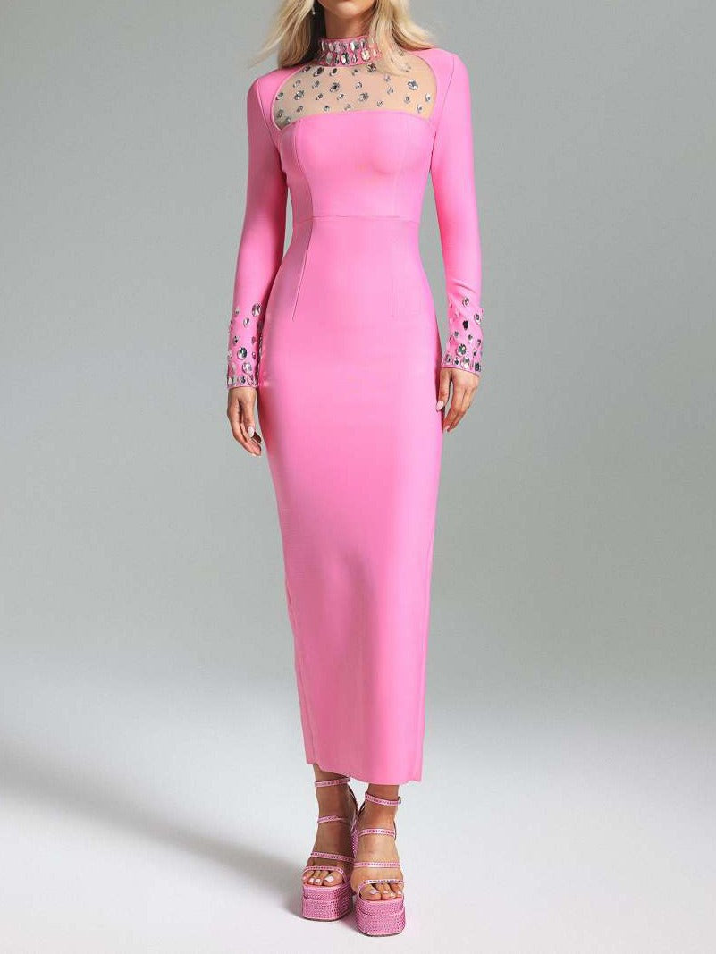 Sheer Mesh Diamond Turtleneck Bandage Dress
