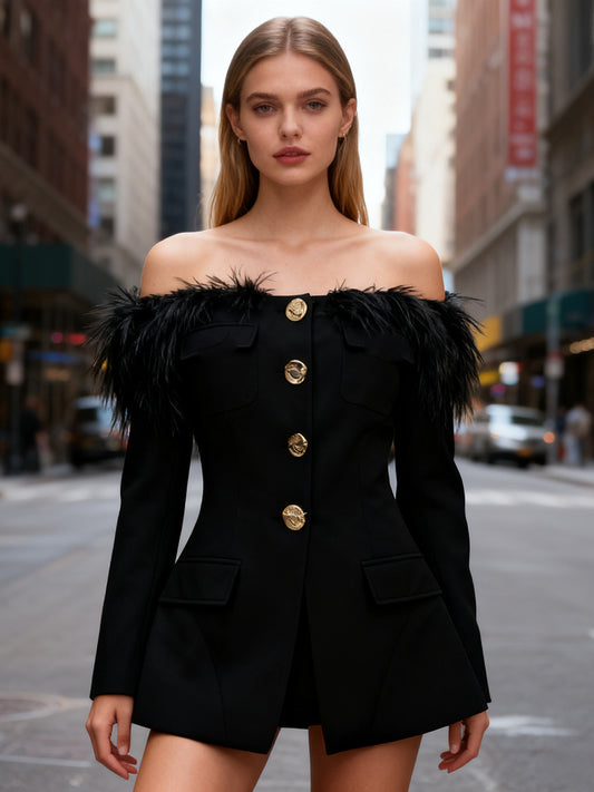 Gilded Feather Off-Shoulder Blazer
