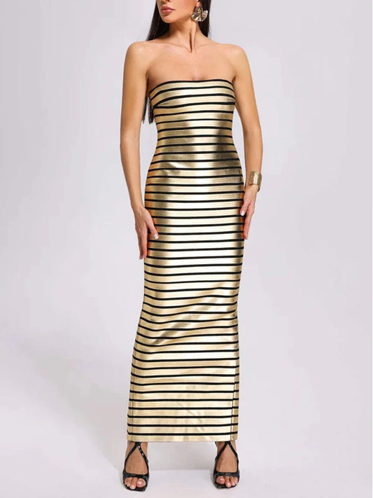 Gold Foil Striped Bandage Maxi Dress