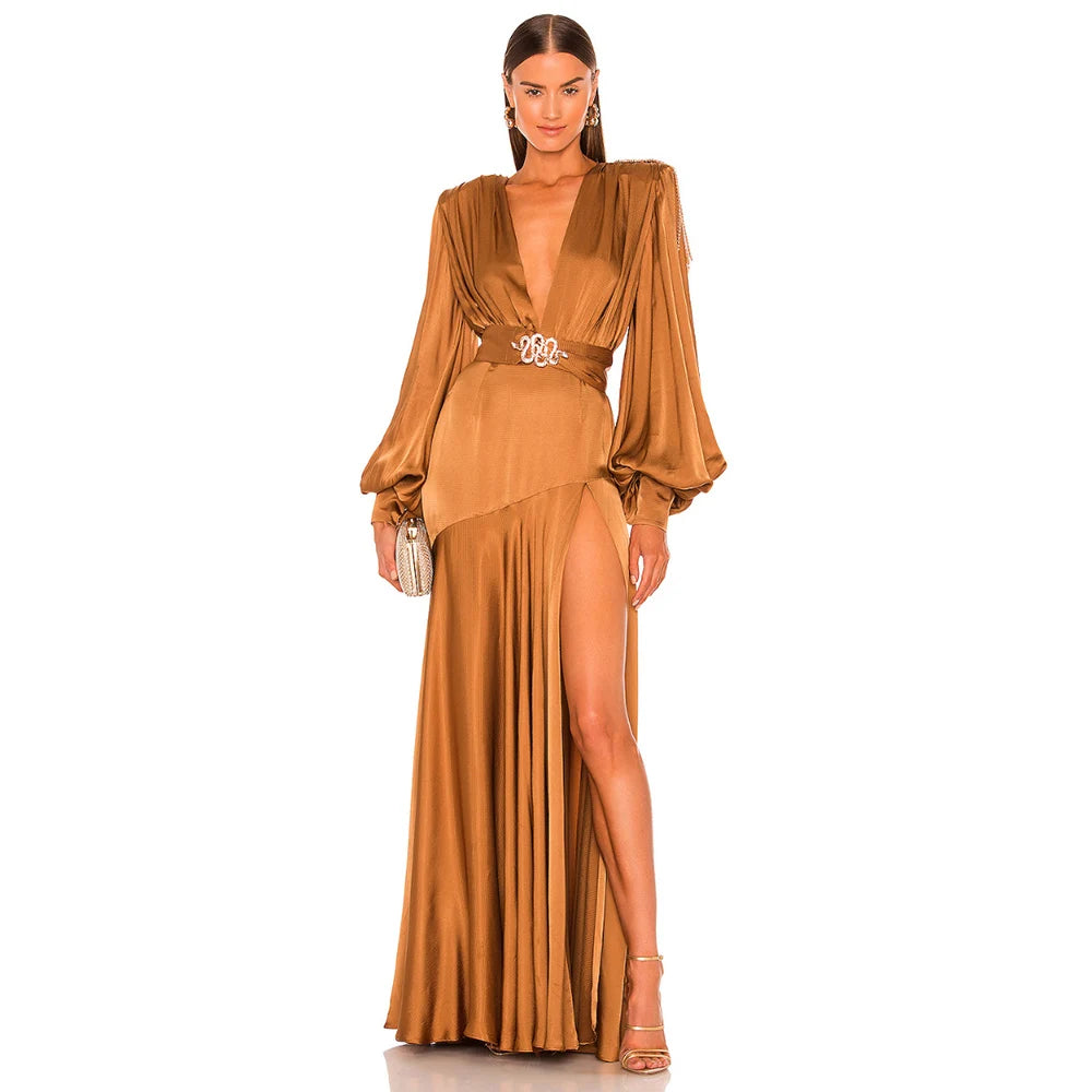 Autumn Elegance Belted Maxi Dress
