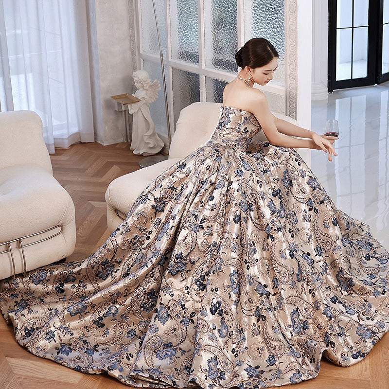 Jacquard Satin Princess Ball Gown with Train