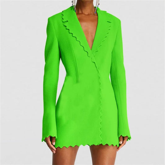 Wave-Edge V-Neck Blazer Dress Coat