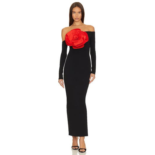 Scarlet Bloom Off-Shoulder Gown