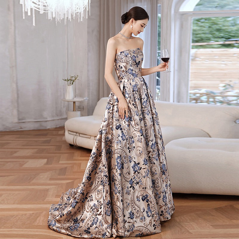 Jacquard Satin Princess Ball Gown with Train