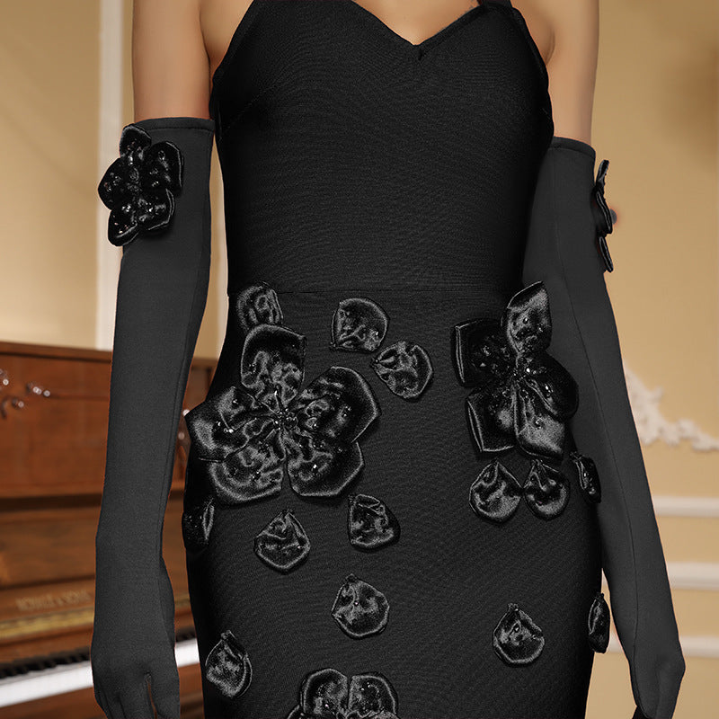 Floral Halter Backless Bodycon Dress with Gloves Set