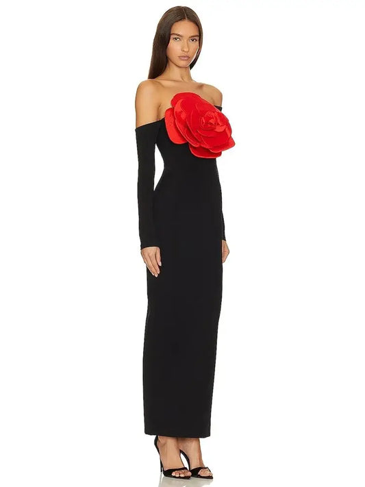 Scarlet Bloom Off-Shoulder Gown