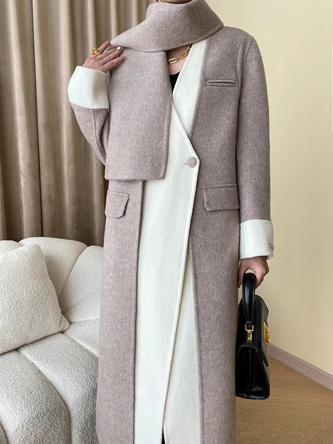 Colorblock Scarf-Collar Wool Coat