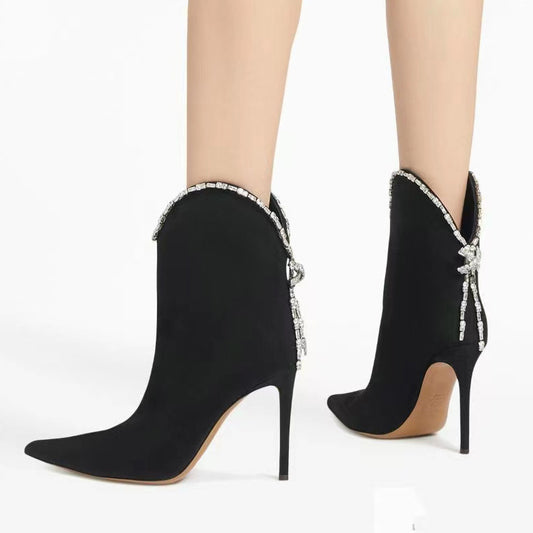 Crystal-Trim Suede Stiletto Ankle Boot